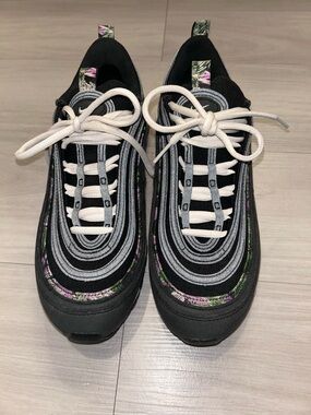 Nike Women's Black Sneakers with Pink and Green Floral Accents